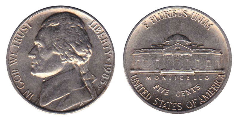 Side-by-side comparison of 1985 Jefferson nickel reverse: standard non-Full Steps (left) versus Full Steps certified example (right)