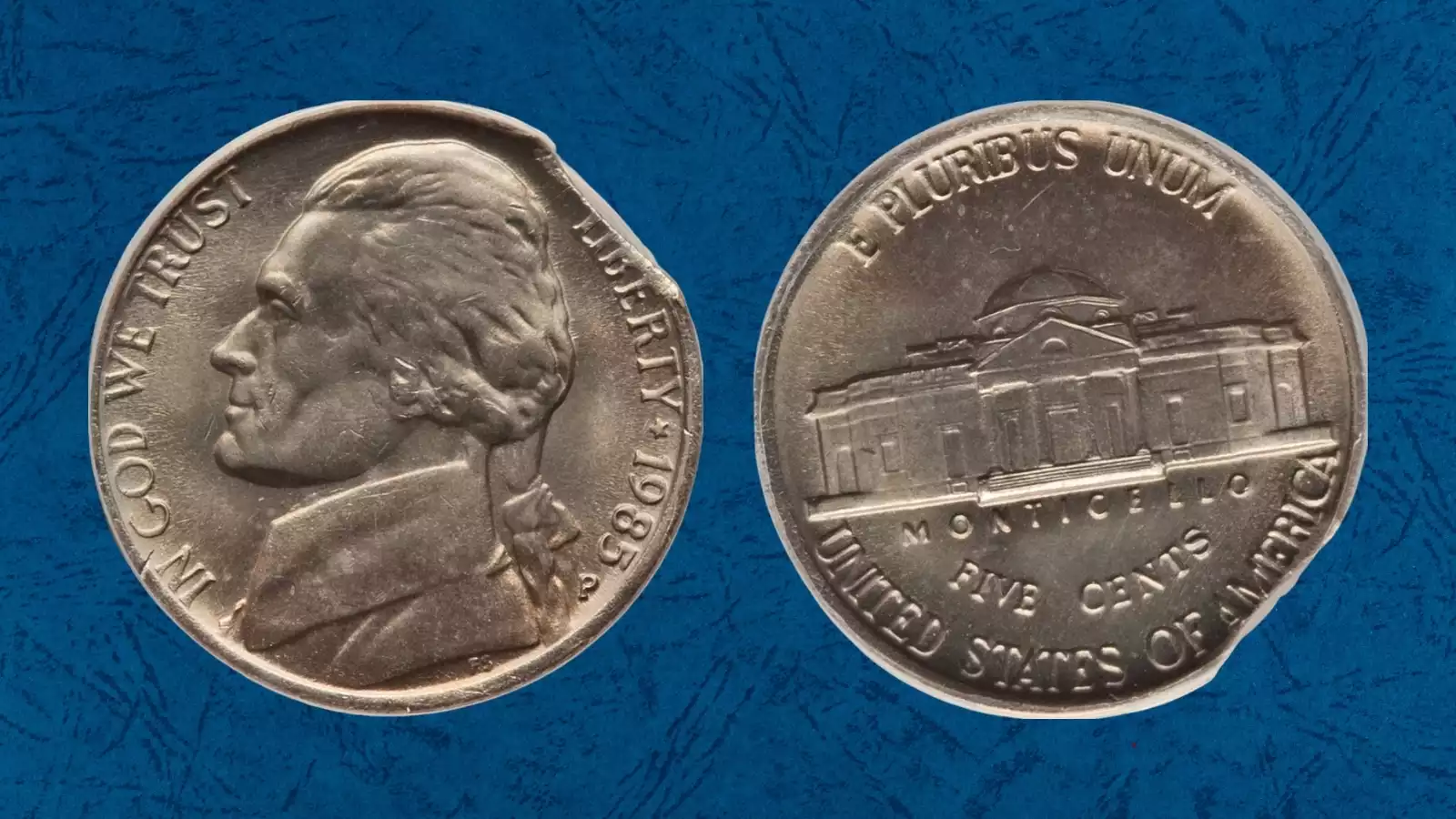 1985 Jefferson nickel clipped planchet error showing crescent-shaped missing section from coin edge with Blakesley Effect