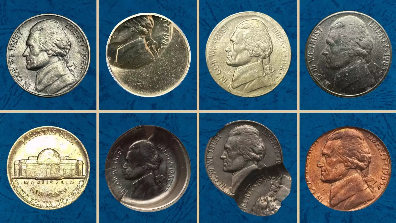 Group of 1985 Jefferson nickels from Philadelphia and Denver mints showing typical specimens in various grades