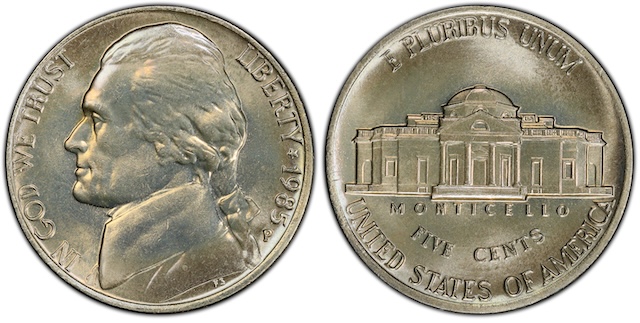 1985 Jefferson nickel grading strip showing four condition tiers from worn Good to gem Mint State 66